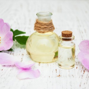 essential oil in glass bottles